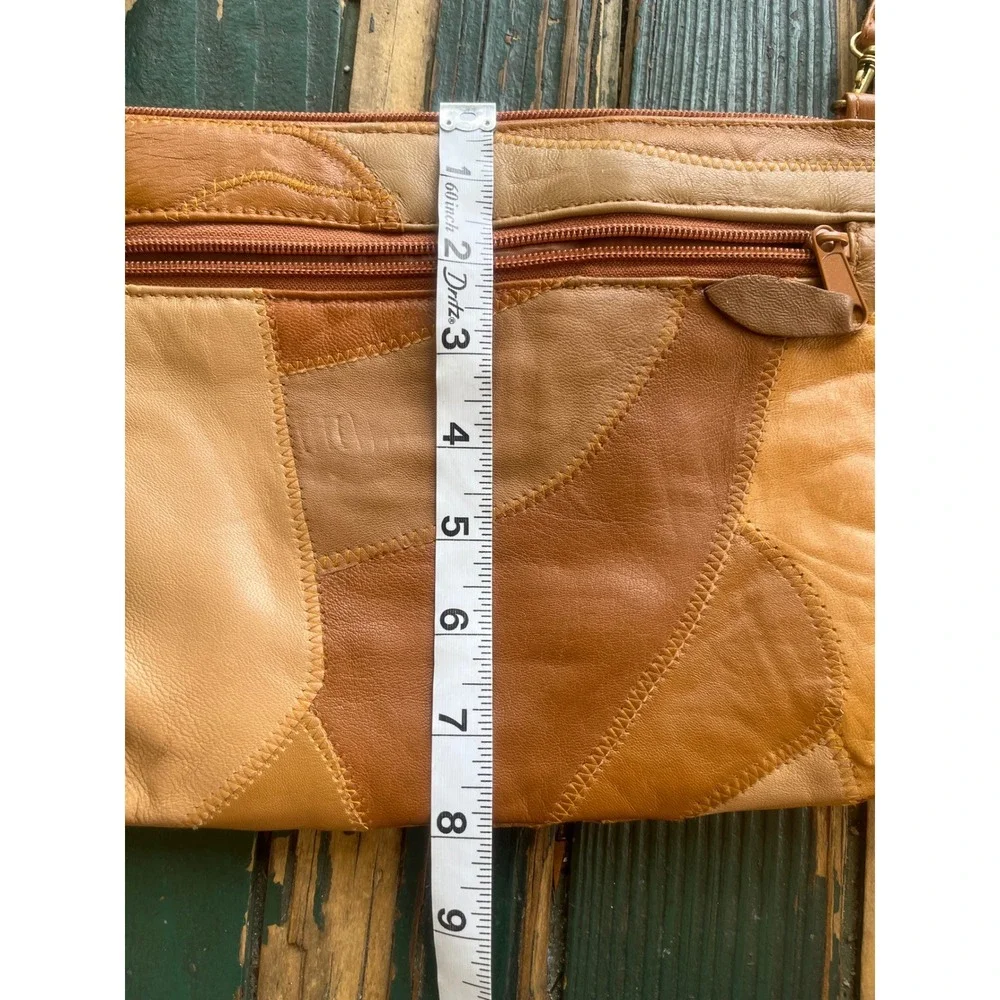 Vintage Leather Patchwork Crossbody Bag Tan Brown Multi Tone Boho Zip Shoulder